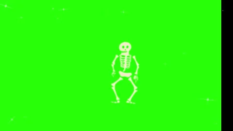 Animated skeleton dancing against vibrant green background with floating bone Stock Footage 346041092