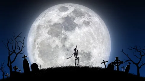 Animated Skeleton Dancing in the Grave Yard with Full Moon - 3D Illustration Stock Footage 141840999
