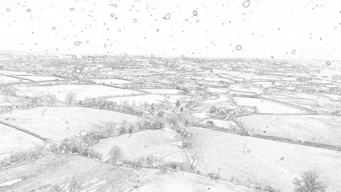 Animated sketch snowy winter patchwork farmland aerial view, snowflakes Video stock 230237078