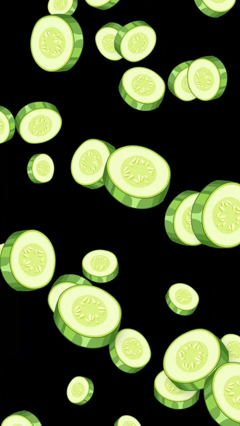 Animated Sliced Cucumbers Falling Against a Solid Black Background Stock Footage 344379277