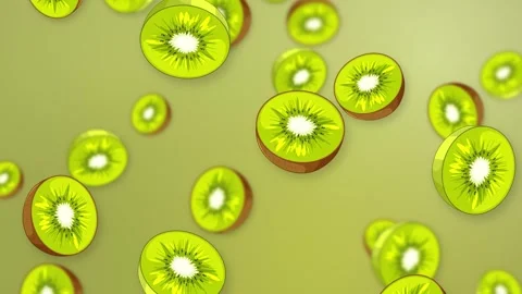 Animated Sliced Kiwi Fruit Falling Against a Green Mesh Background Stock Footage 345037763