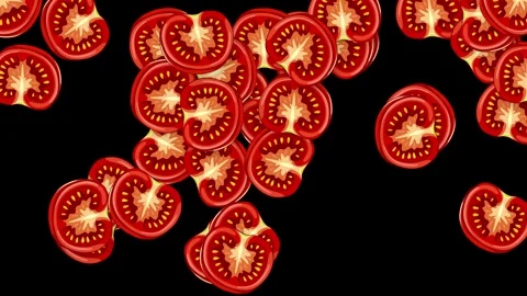 Animated Sliced Red Tomatoes Falling Against a Solid Black Background Stock Footage 340759758