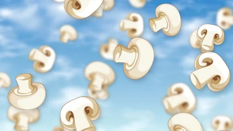 Animated Sliced White Button Mushrooms Falling Through a Blue Sky Stock Footage 344836462
