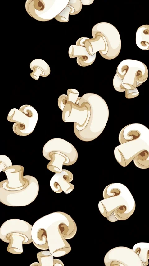 Animated Sliced White Mushrooms Falling Against a Solid Black Background Stock Footage 346197448