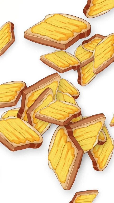 Animated Slices of Buttered Toast Falling Against a White Background Video stock 344831329