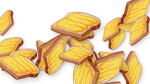 Animated Slices of Buttered Toast Falling Against a White Background Stock Footage 345206552