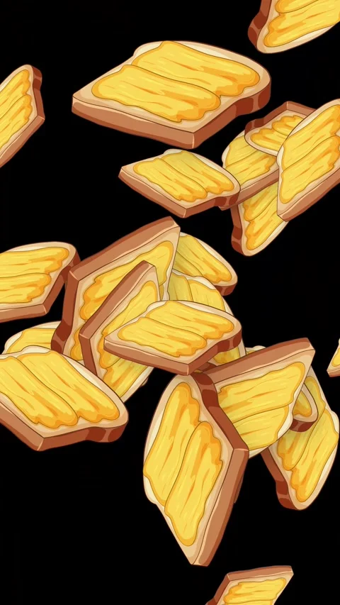 Animated Slices of Buttered Toast Falling Against a Black Background Stock Footage 346569779