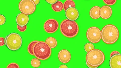 Animated Slices of Citrus Fruit Falling Against a Green Screen Background Stock Footage 345041315