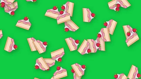 Animated Slices of Strawberry Cake Falling on Green Screen Background Stock Footage 339383341