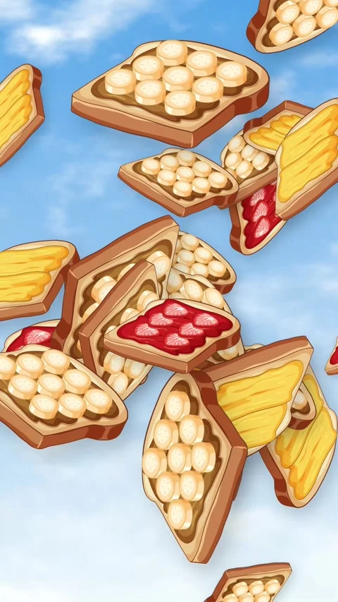 Animated Slices of Toast with Fruit Toppings Falling Through Blue Sky Video stock 344518397