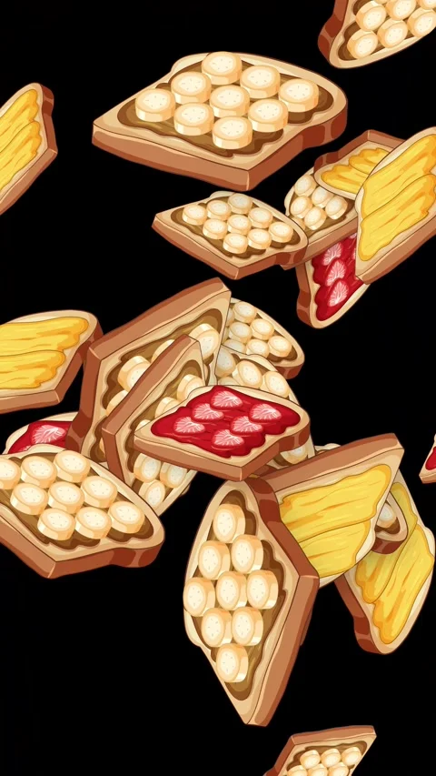 Animated Slices of Toast with Fruit Toppings Falling on Black Background Video stock 344617079