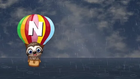 Animated Sloth Character Floating in Hot Air Balloon Over Rainy Sea Stock Footage 345197888