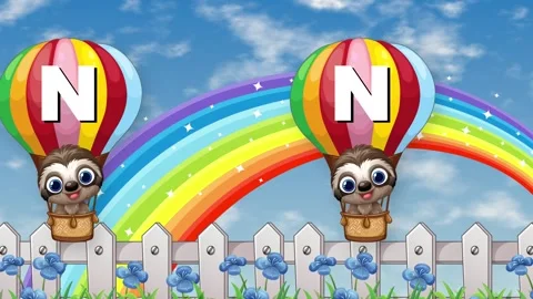 Animated Sloth Characters Floating in Hot Air Balloons Over Rainbow Stock Footage 341557624