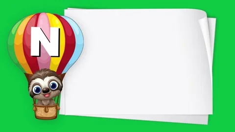 Animated Sloth in Hot Air Balloon with Blank Paper on Green Screen Stock Footage 341907033