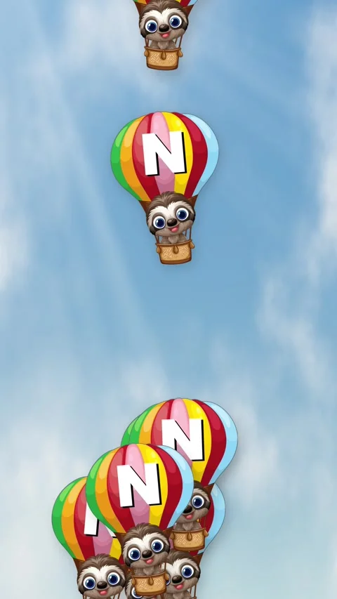 Animated Sloths Falling Through Cloudy Blue Sky in Hot Air Balloons Stock Footage 342219003