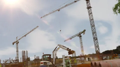 Animated Slow Motion of Crane Lifting Iron Girders at Construction Site Stock Footage 296972597