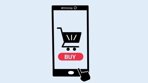 Animated smartphone on a light blue background. A shopping cart icon and "BUY" 库存影片 319663136