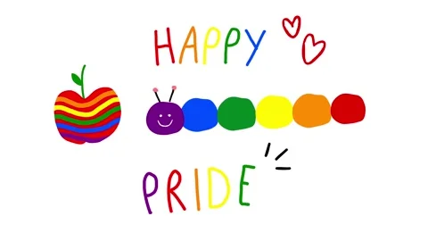 Animated smiling rainbow worm and apple with colorful "Happy Pride" text Stock Footage 313864736