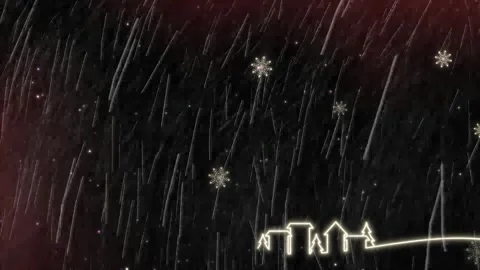 Animated snowfall over stylized village silhouette with falling snowflakes with Stock Footage 343841966