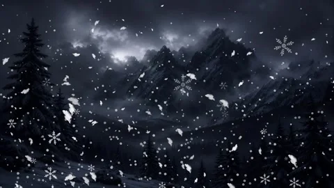 Animated Snowflakes Drifting Over Winter Mountains and Evergreen Trees 4K Stock Footage 342157603