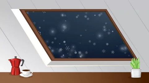 Animated Snowflakes Falling Outside Attic Window at Night with Coffee Stock Footage 345317247