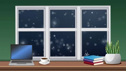 Animated Snowflakes Falling Outside a Cozy Home Office Window at Night Stock Footage 344832245