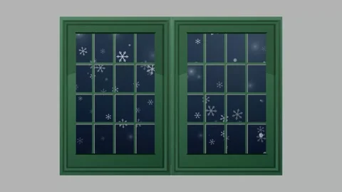 Animated Snowflakes Falling Outside a Green Window at Night Stock Footage 344717621