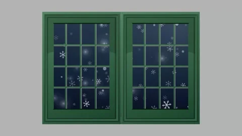 Animated Snowflakes Falling Outside a Green Double Pane Window at Night Stock Footage 344931965