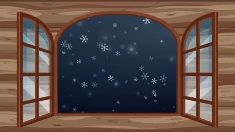 Animated Snowflakes Falling Outside an Open Wooden Cabin Window at Night Stock Footage 346435846