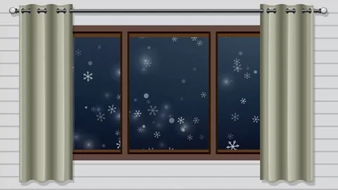 Animated Snowflakes Falling Outside a Window at Night Stock Footage 346569185
