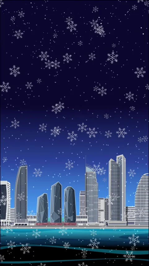 Animated Snowflakes Falling Over a Modern City Skyline at Night Stock Footage 340374035
