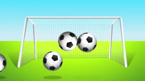 Animated Soccer Balls Bouncing Around a Football Goal on Green Field Stock Footage 341842389