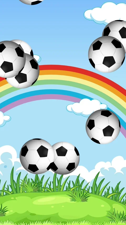Animated Soccer Balls Bouncing on Green Grass Under Rainbow Sky Stock Footage 341378461