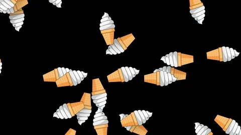 Animated Soft Serve Ice Cream Cones Falling Against Black Background Video stock 339754807