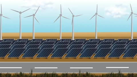 An Animated Solar and Windmill Farm is Panned Through Stock Footage 171144653