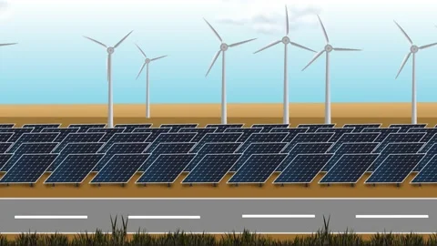 An Animated Solar and Windmill Farm is Panned Through and Zommed In Stock Footage 171144948