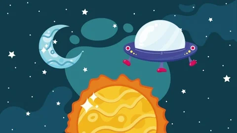 Animated space background featuring a cute ufo flying near glowing sun and .. 스톡 동영상 338419530