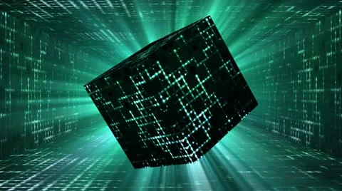 Animated space cube rotating in sci-fi corridor Stock Footage