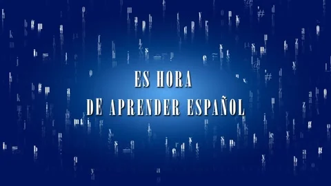 Animated Spanish text "It's time to learn Spanish" with falling letters blue BG Video stock 280690020