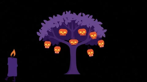 Animated Spooky Tree with Glowing Skull Ornaments and Walking Candle Stock-Footage 331050157