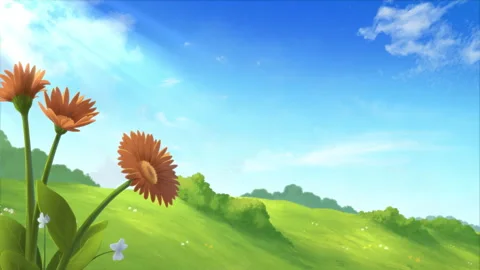 Animated Spring Landscape with Flowers and Sunny Blue Sky Stock Footage 319654296