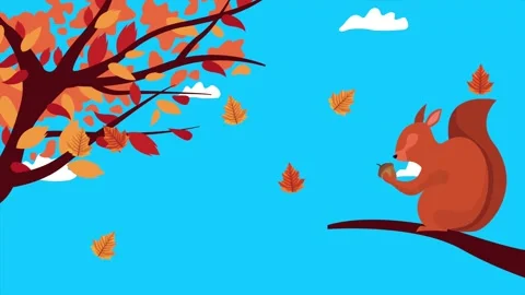 Animated squirrel sitting on tree branch with falling autumn leaves and mov.. 스톡 동영상 338421958