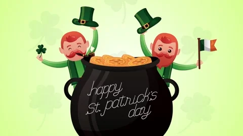 Animated st patricks day greeting with leprechauns pot of gold and falling .. Stock Footage 338397947