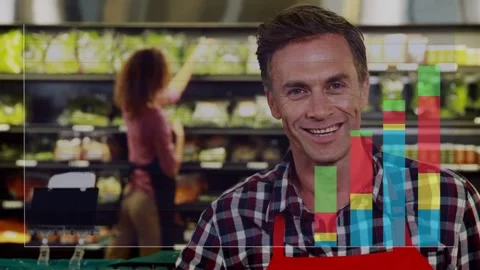 Animated stacked bar chart shifting, revealing male produce clerk raising two Stock Footage 332936982