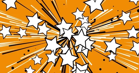Animated star cartoon, white comic stars with black outlines, stripes an dots Stock Footage 90988419