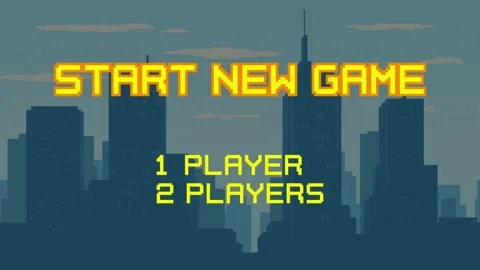 Animated Start New Game screen with player selection on cityscape background. Vídeos de archivo 305229411