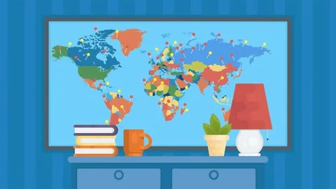 Animated Static Scene Of World Map Hung Behind Desk Stock-Footage 304964004