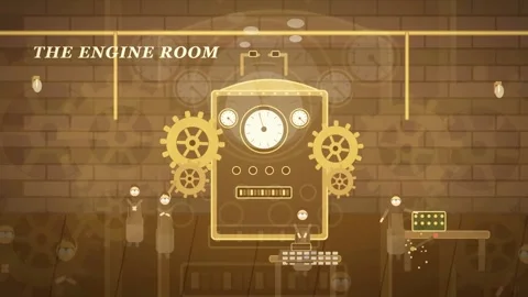 Animated Steampunk Engine Room with Workers Operating Vintage Industrial Stock Footage 341453218