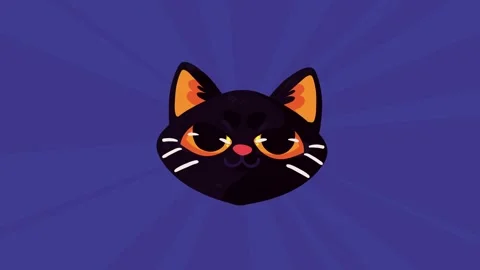 Animated sticker of cute black cat head with orange eyes on purple starburs.. Stock-Footage 338420567