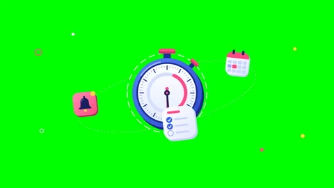 Animated Stopwatch Timer with Calendar and Bell Icons on Green Screen Background Stock Footage 348449304